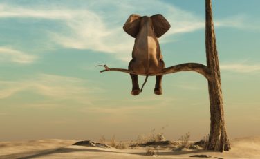 elephant stands on thin branch of withered tree in surreal landscape this is a 3d render illustration