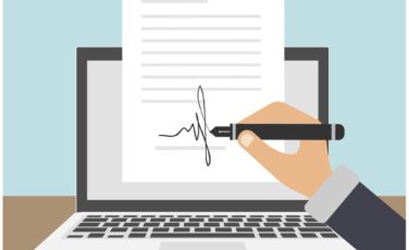 application signature online smart contract on the laptop human hands vector